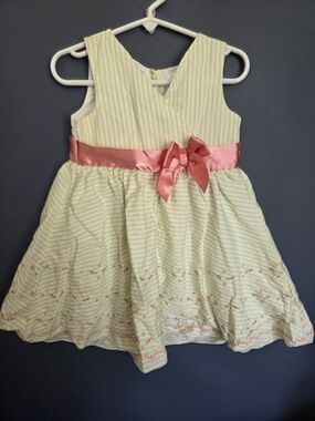 Girls Green Striped Dress with Pink Sash